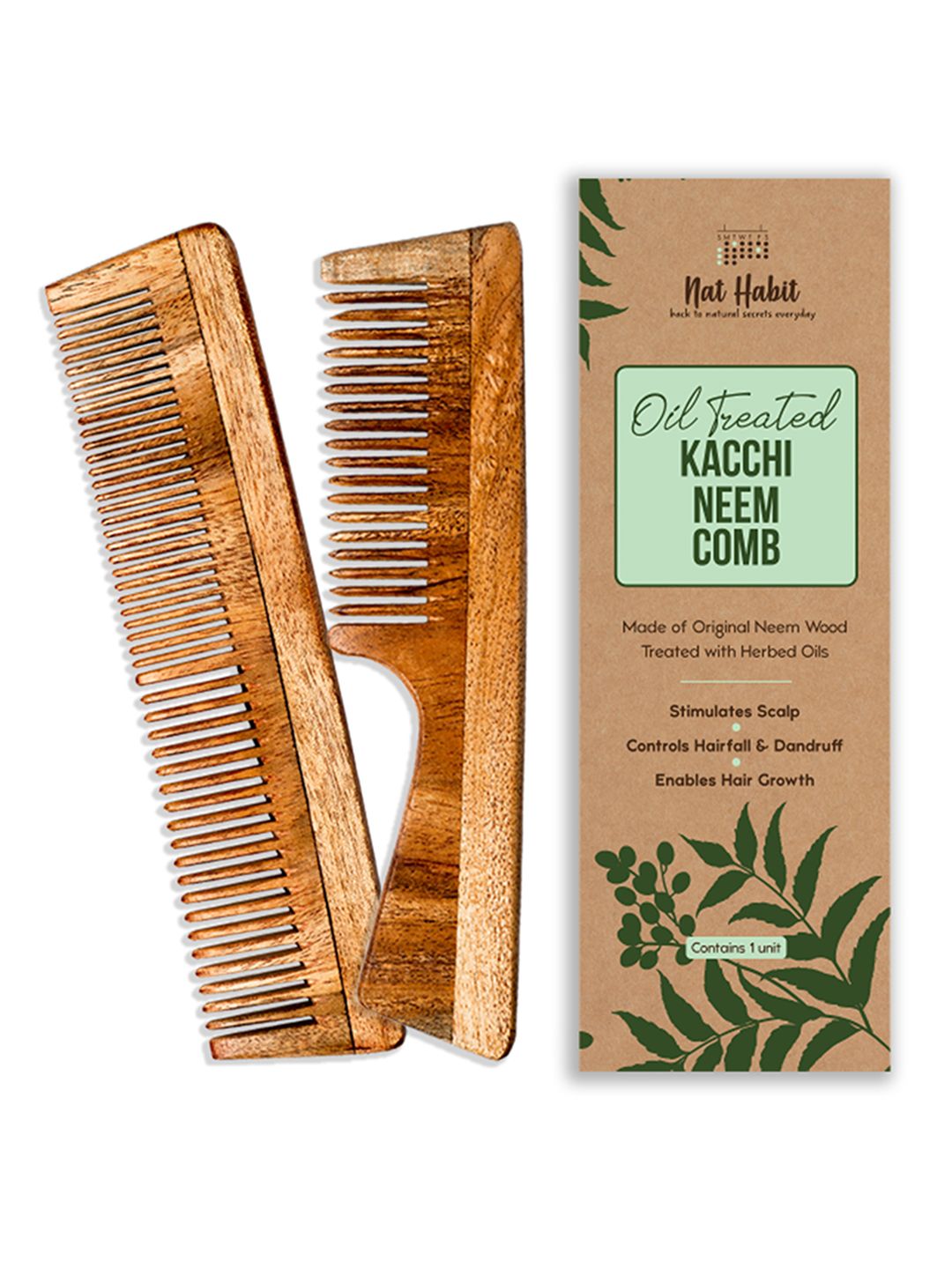 Nat Habit Kacchi Neem Wooden Comb Treated with Neem Oil - Fine + Dual Tooth Combo-picture-22