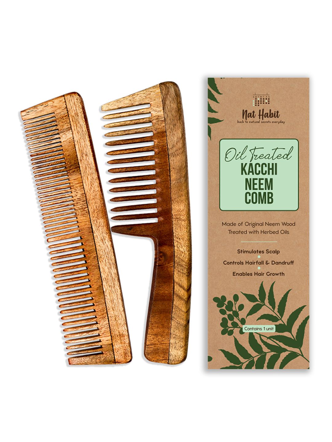 Nat Habit Kacchi Neem Wooden Comb Treated with Neem Oil - Wide + Dual Tooth Combo