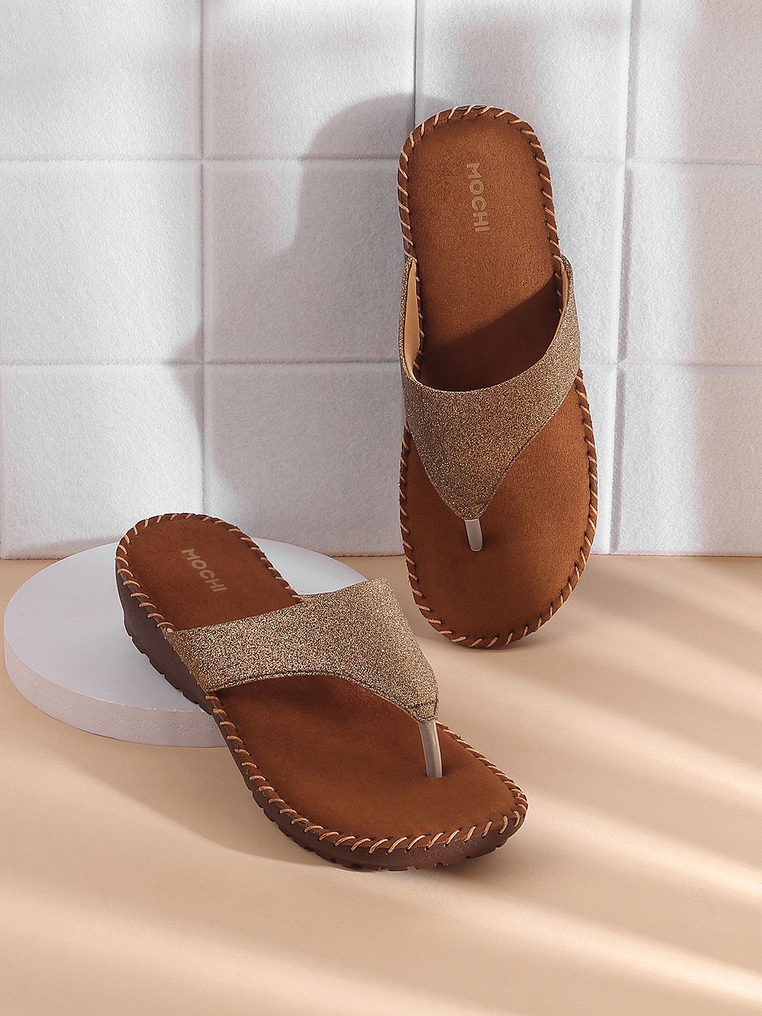 Mochi Gold-Toned & Tan Embellished Wedge Sandals
