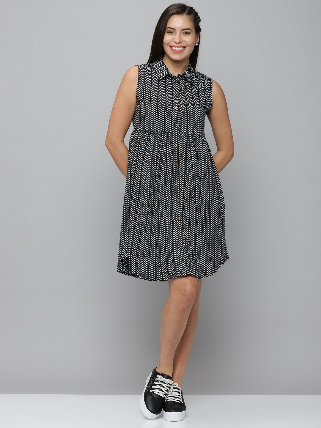 SHOWOFF Women Navy Blue Printed Shirt Dress-picture-13