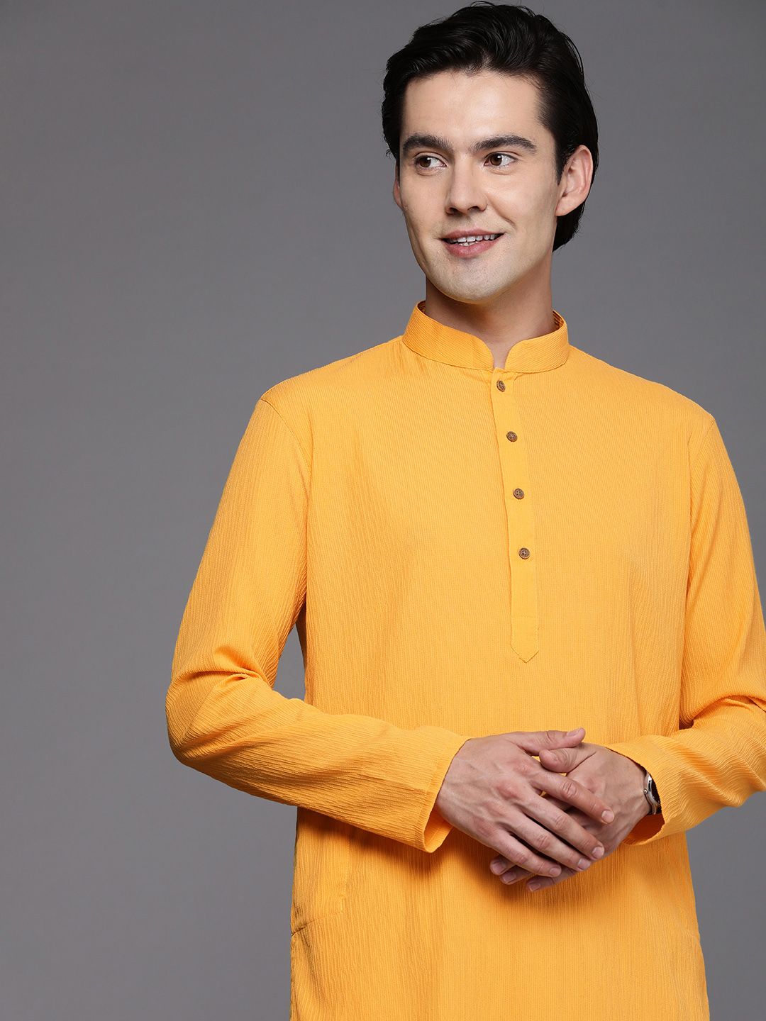 Manyavar Men Yellow Mandarin Collar Kurta