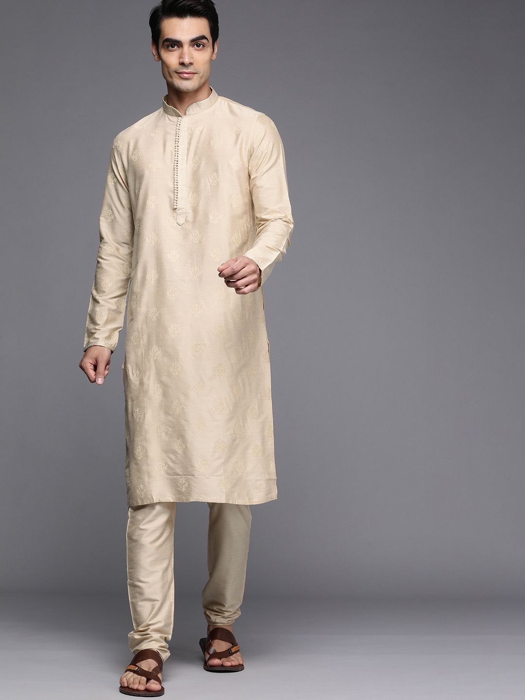 Manyavar Men Cream-Coloured Kurta with Churidar