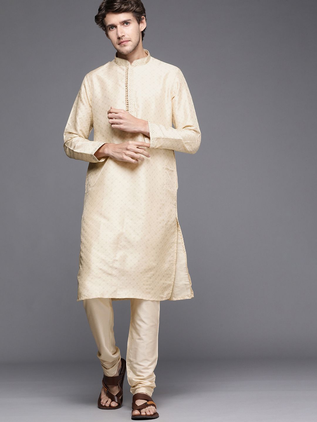 Manyavar Men Beige Ethnic Motifs Printed Kurta with Churidar-picture-40