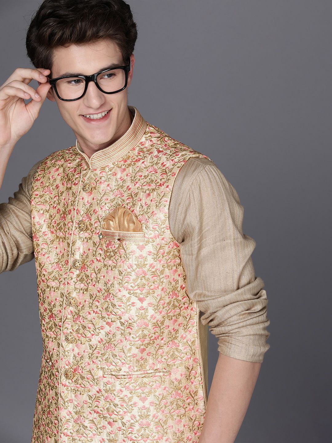 Manyavar Men Beige Woven Design Nehru Jacket-picture-28