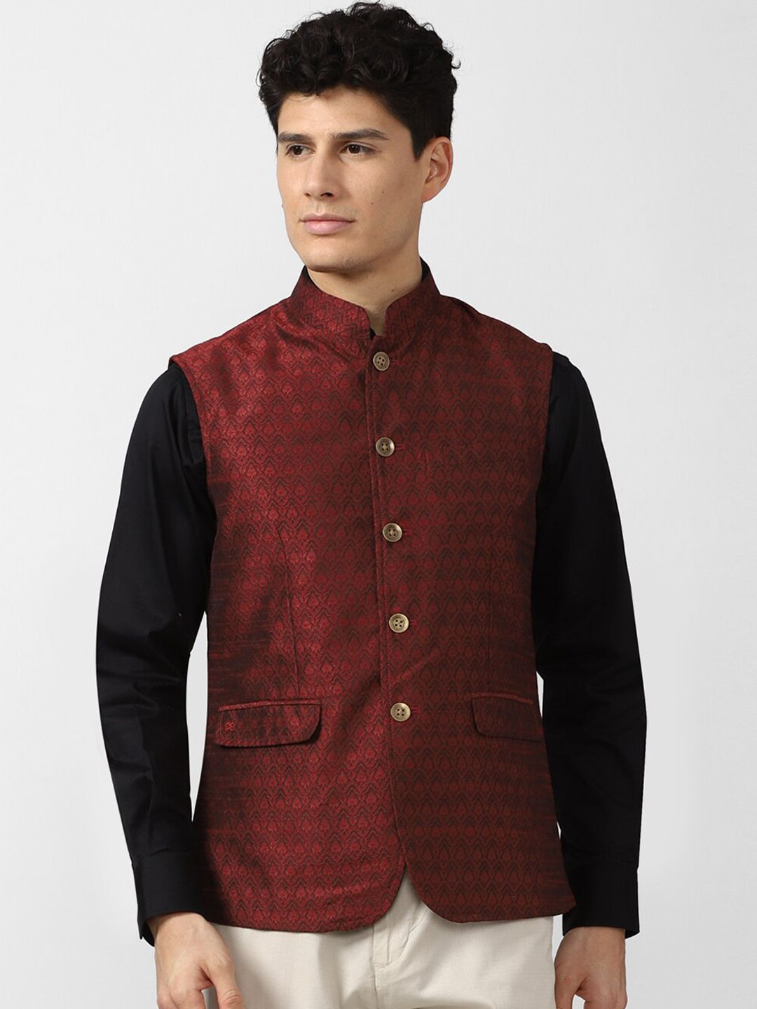 Peter England Elite Men Maroon Printed Nehru Jackets-picture-16