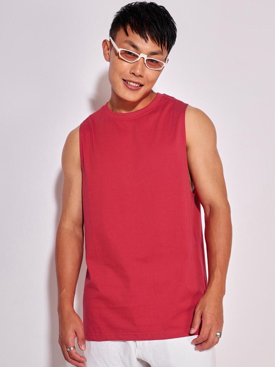 Bewakoof Men Red Solid Cotton Oversized Deep Armhole Vest-picture-46