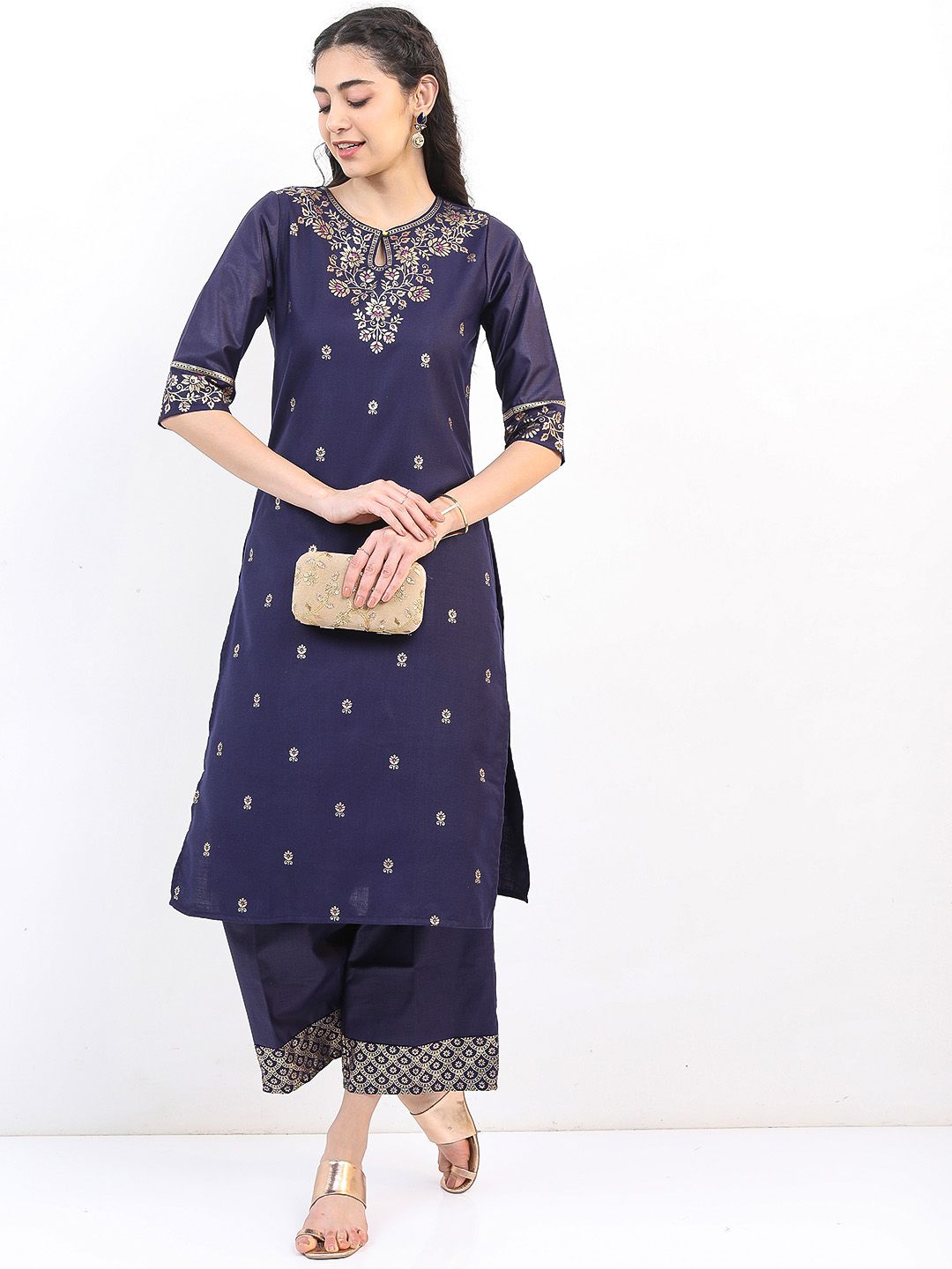 Vishudh Women Navy Blue Floral Printed Kurta with Palazzos-picture-32