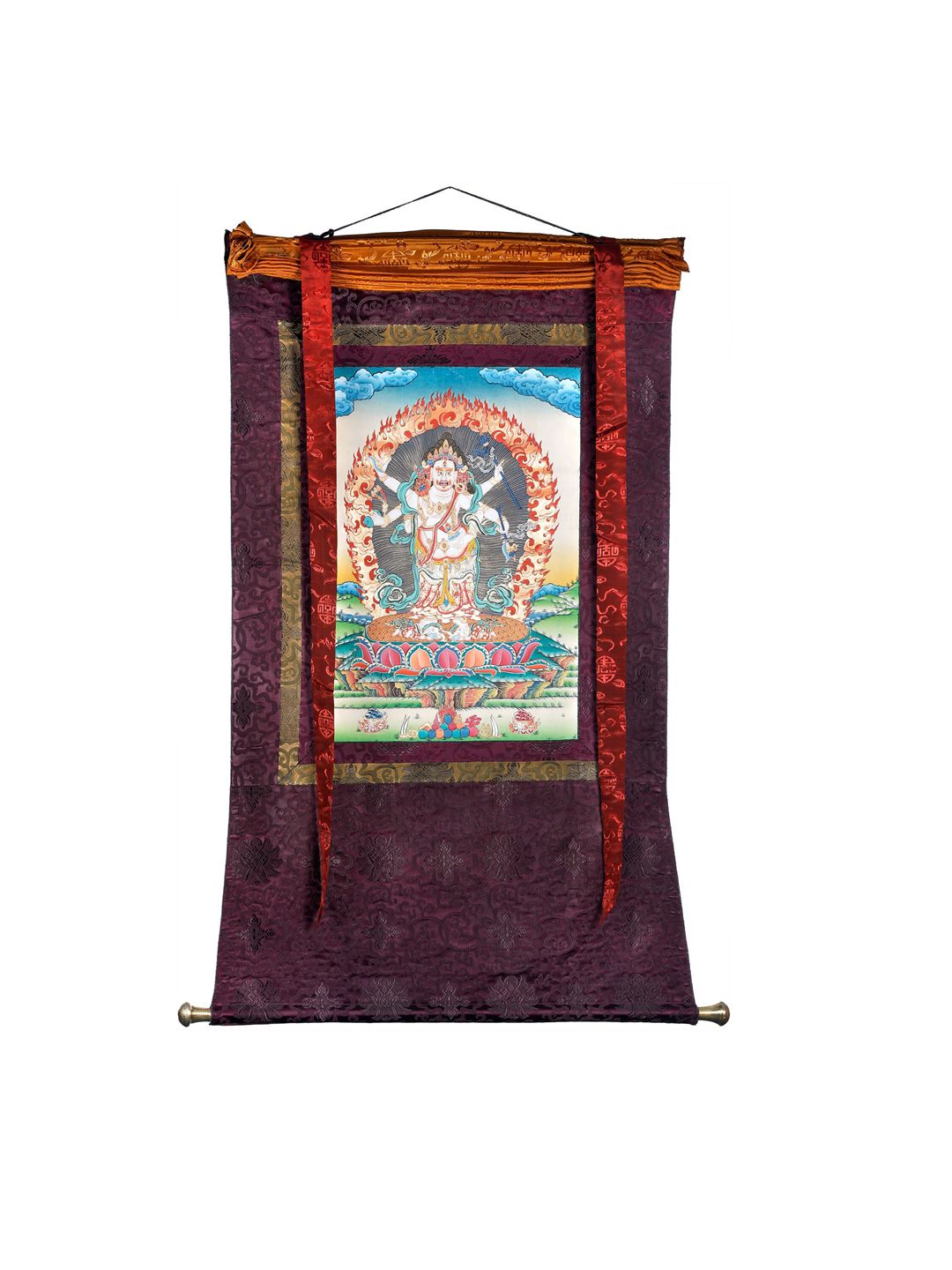 Exotic India Blue & Orange Printed Tibetan Buddhist Six-Armed White Mahakala Wall Art-image-3