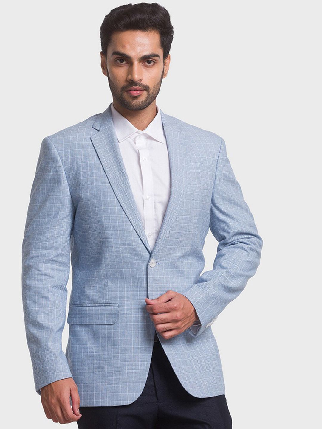 ColorPlus Men Blue Checked Single-Breasted Linen Formal Blazers-picture-23