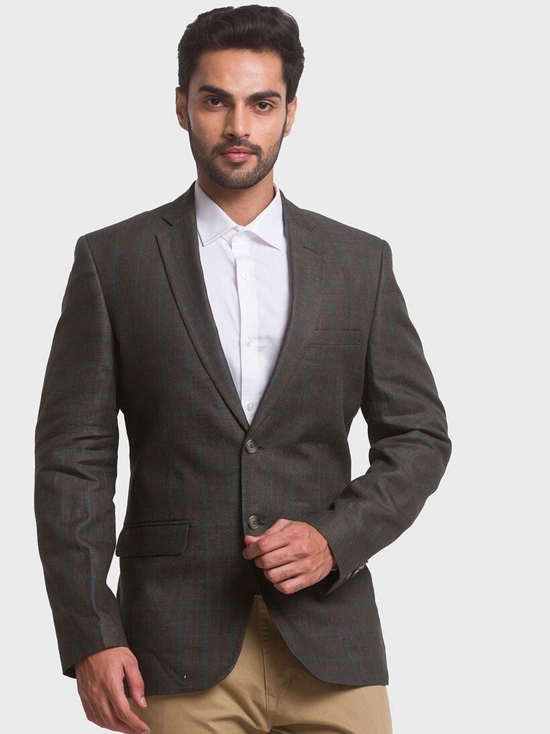 ColorPlus Men Green & Brown Checked Single-Breasted Linen Formal Blazers-image-4