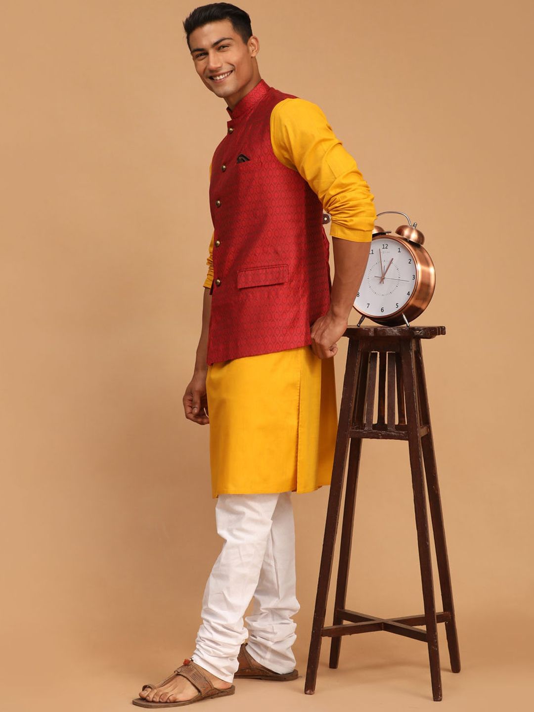 VASTRAMAY Men Yellow Kurta with Churidar & Nehru Jacket-picture-23