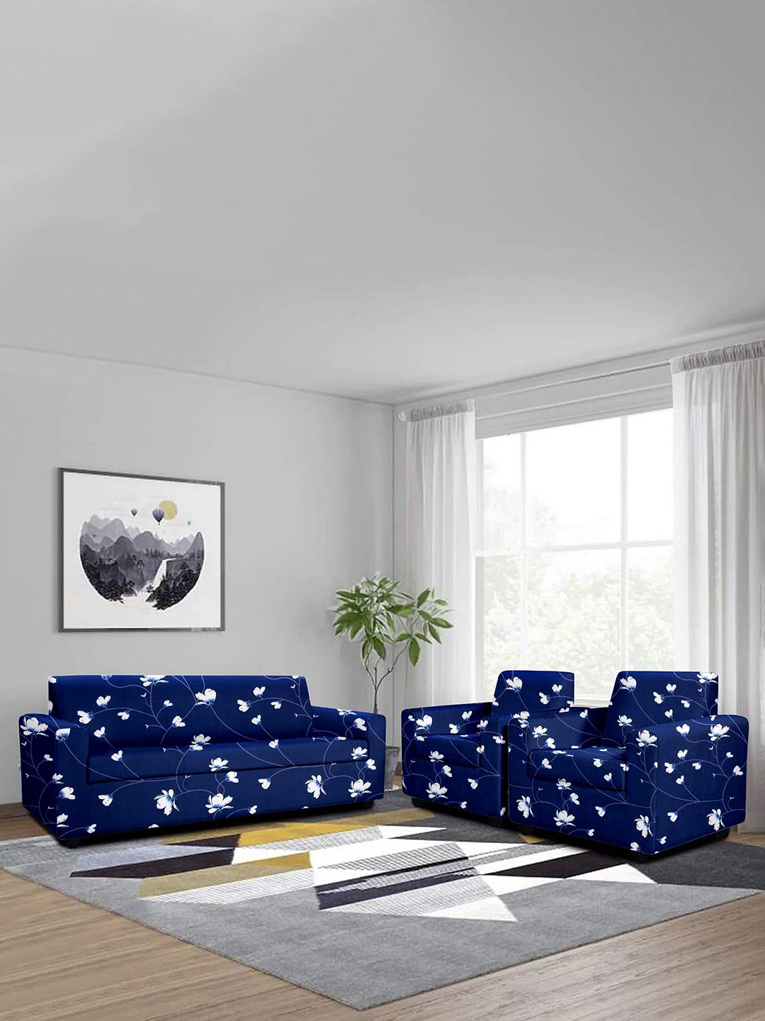 Cortina Navy Blue 3 Pieces Printed Super Stretchable 5 Seater Sofa Covers-image-40
