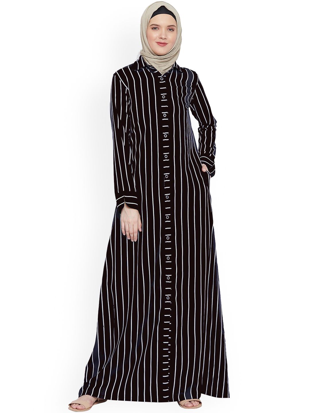 MOMIN LIBAS Women Black & White Striped Abaya Burqas-picture-16