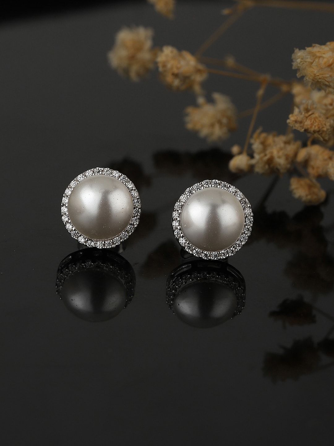 VANBELLE Silver Toned 925 Sterling Silver Rhodium Plated Pearl Circular Studs Earrings-picture-10