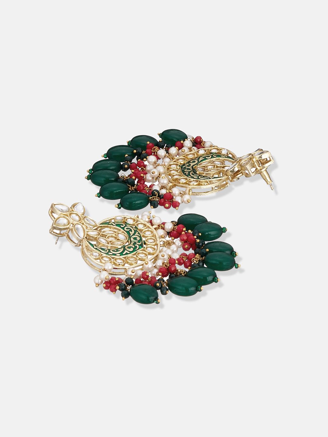 ATIBELLE Gold-Plated Green & White Kundan Studded & Beaded Meenakari Jewellery Set