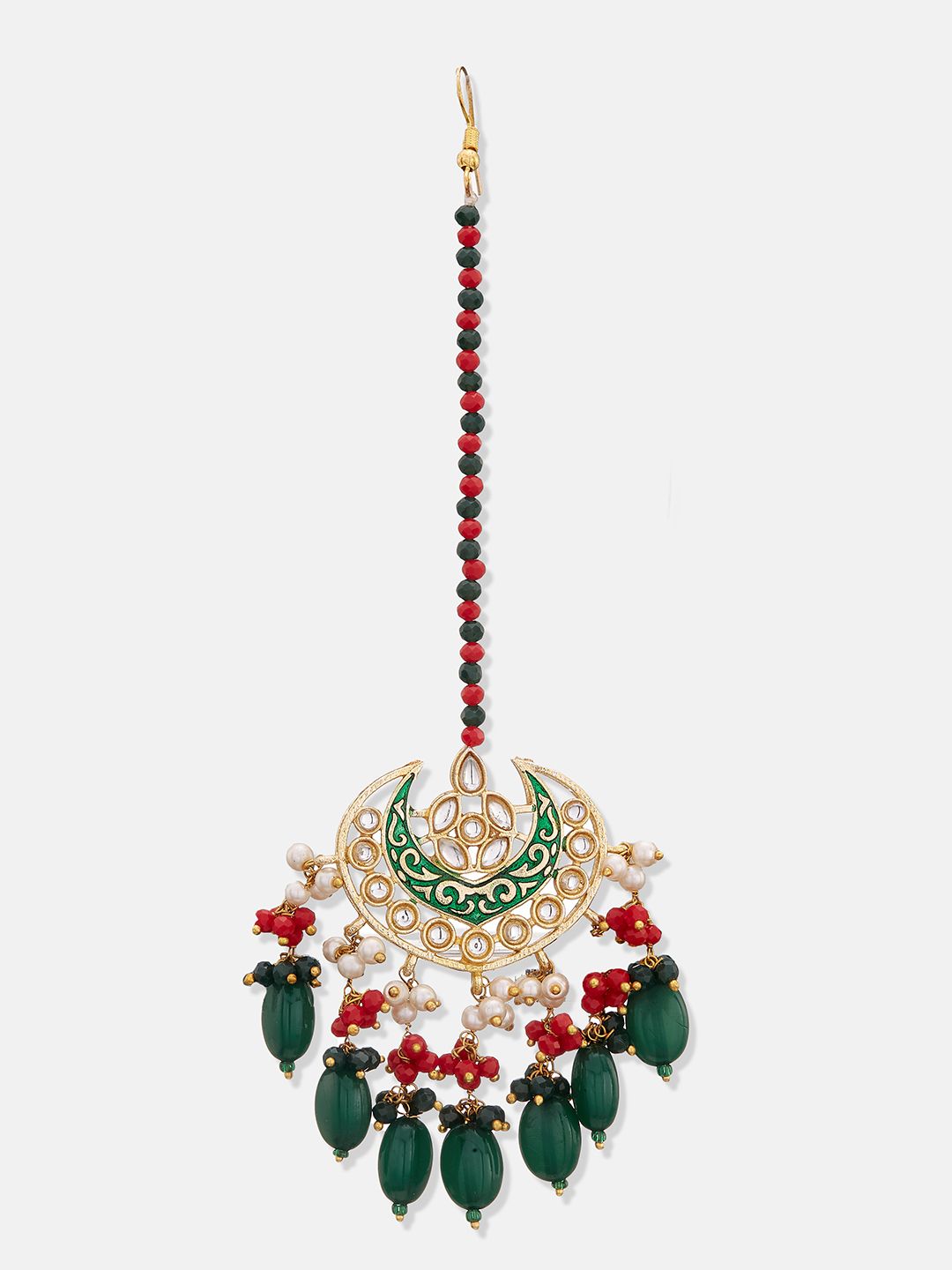 ATIBELLE Gold-Plated Green & White Kundan Studded & Beaded Meenakari Jewellery Set
