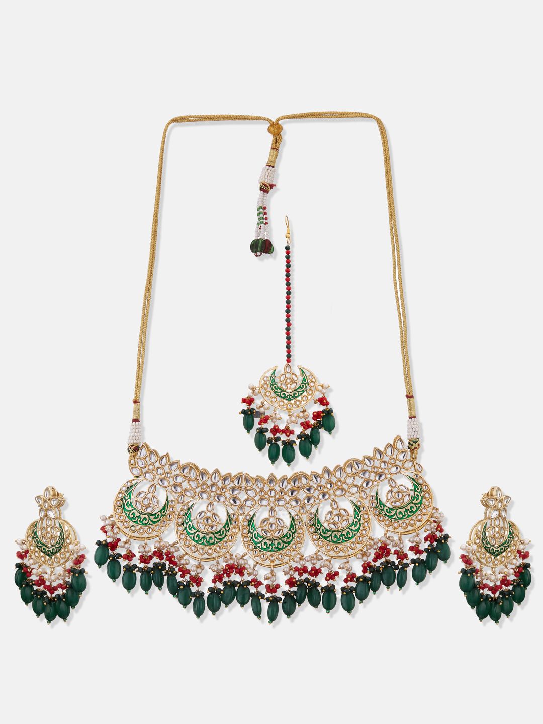 ATIBELLE Gold-Plated Green & White Kundan Studded & Beaded Meenakari Jewellery Set