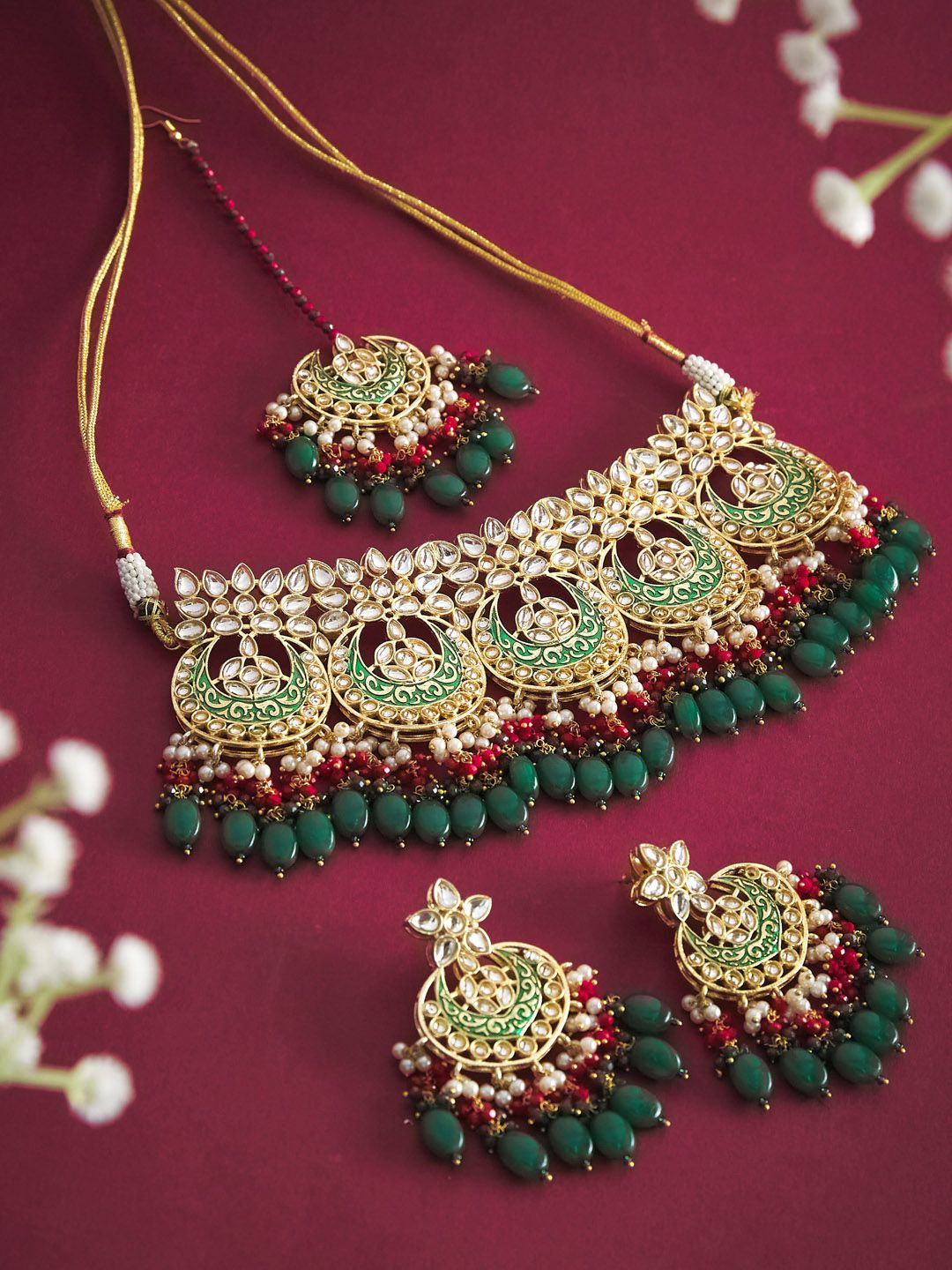 ATIBELLE Gold-Plated Green & White Kundan Studded & Beaded Meenakari Jewellery Set