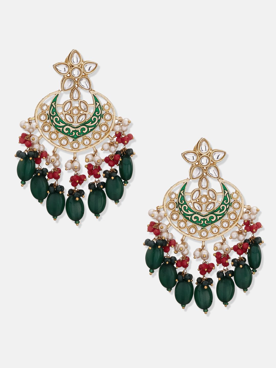 ATIBELLE Gold-Plated Green & White Kundan Studded & Beaded Meenakari Jewellery Set