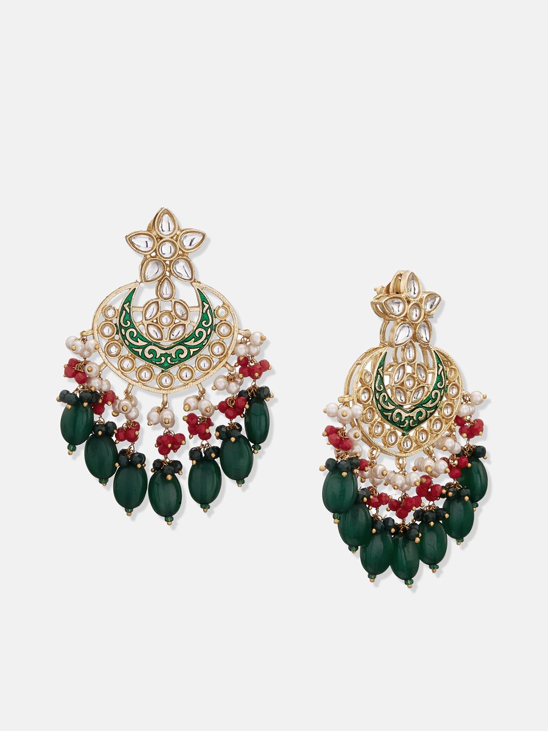 ATIBELLE Gold-Plated Green & White Kundan Studded & Beaded Meenakari Jewellery Set