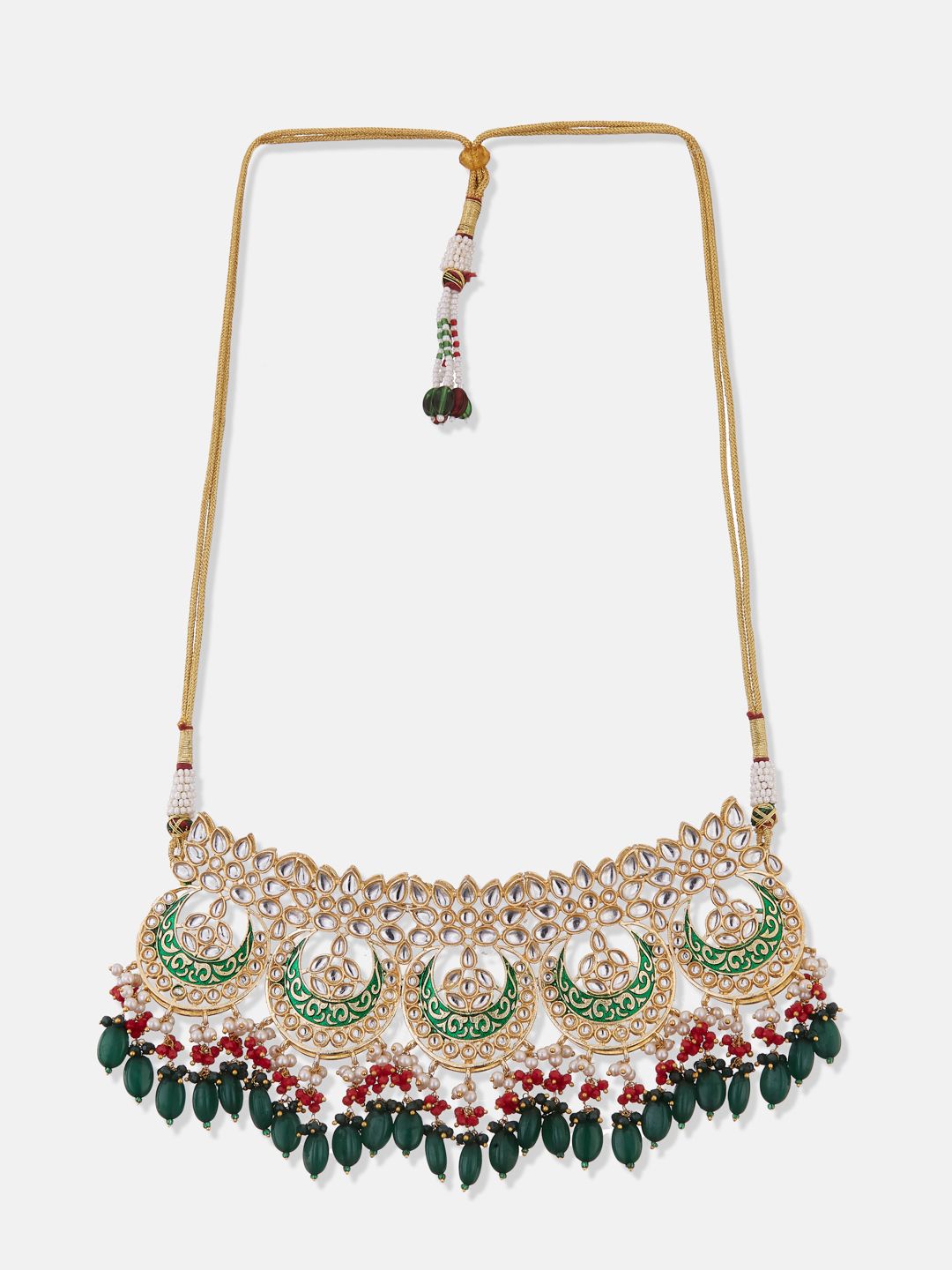 ATIBELLE Gold-Plated Green & White Kundan Studded & Beaded Meenakari Jewellery Set
