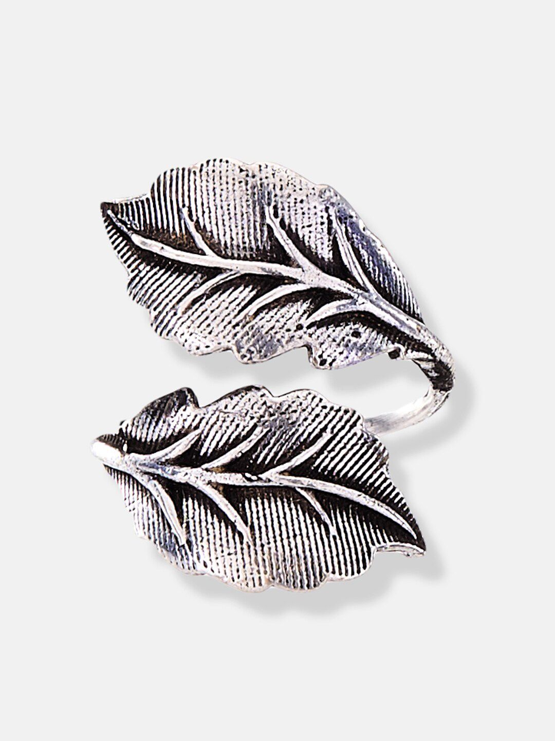 ATIBELLE Oxidised Silver-Plated Leaf Inspired Adjustable Finger Ring