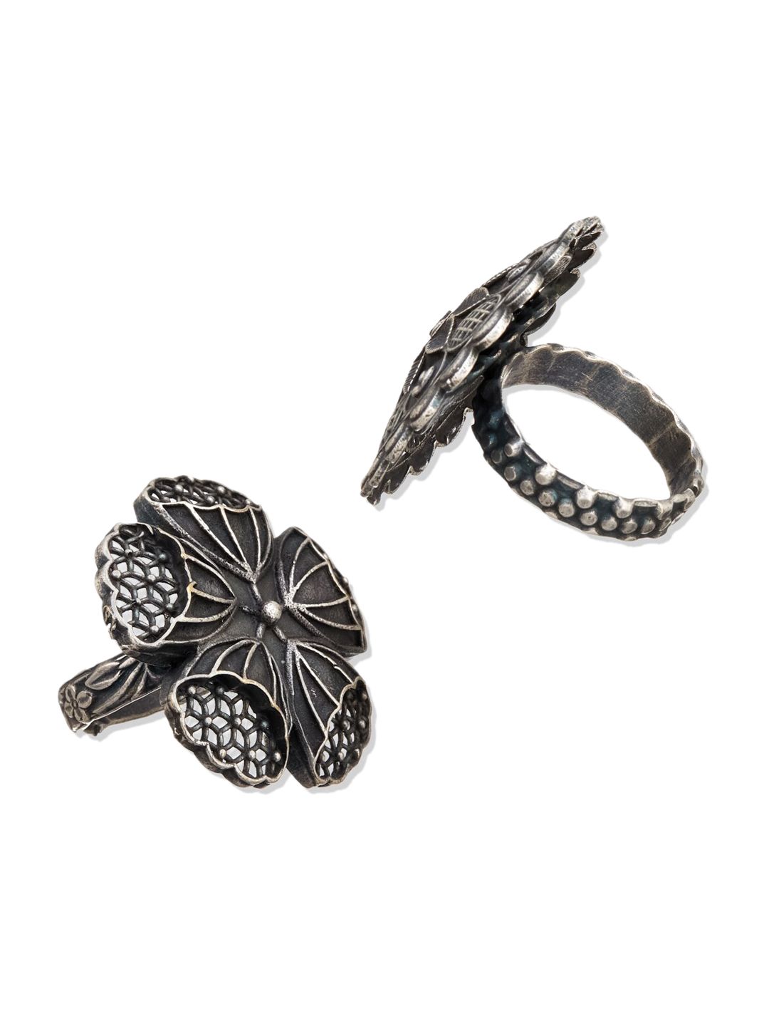 ATIBELLE Set Of 2 Oxidized Silver-Plated Floral-Charm Finger Ring