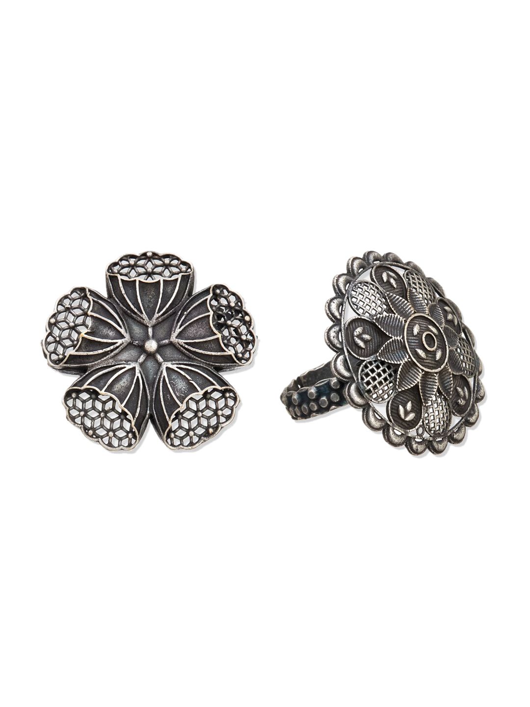 ATIBELLE Set Of 2 Oxidized Silver-Plated Floral-Charm Finger Ring