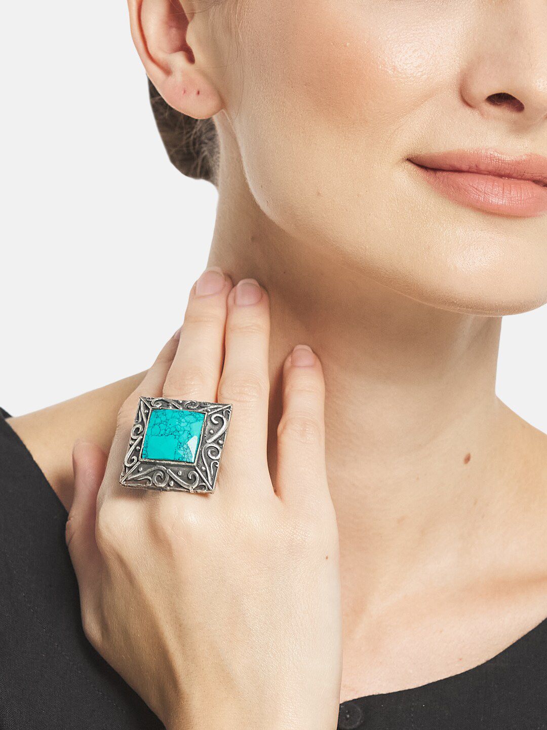 ATIBELLE Women Silver-Plated Artificial Stone Studded Adjustable Statement Finger Ring