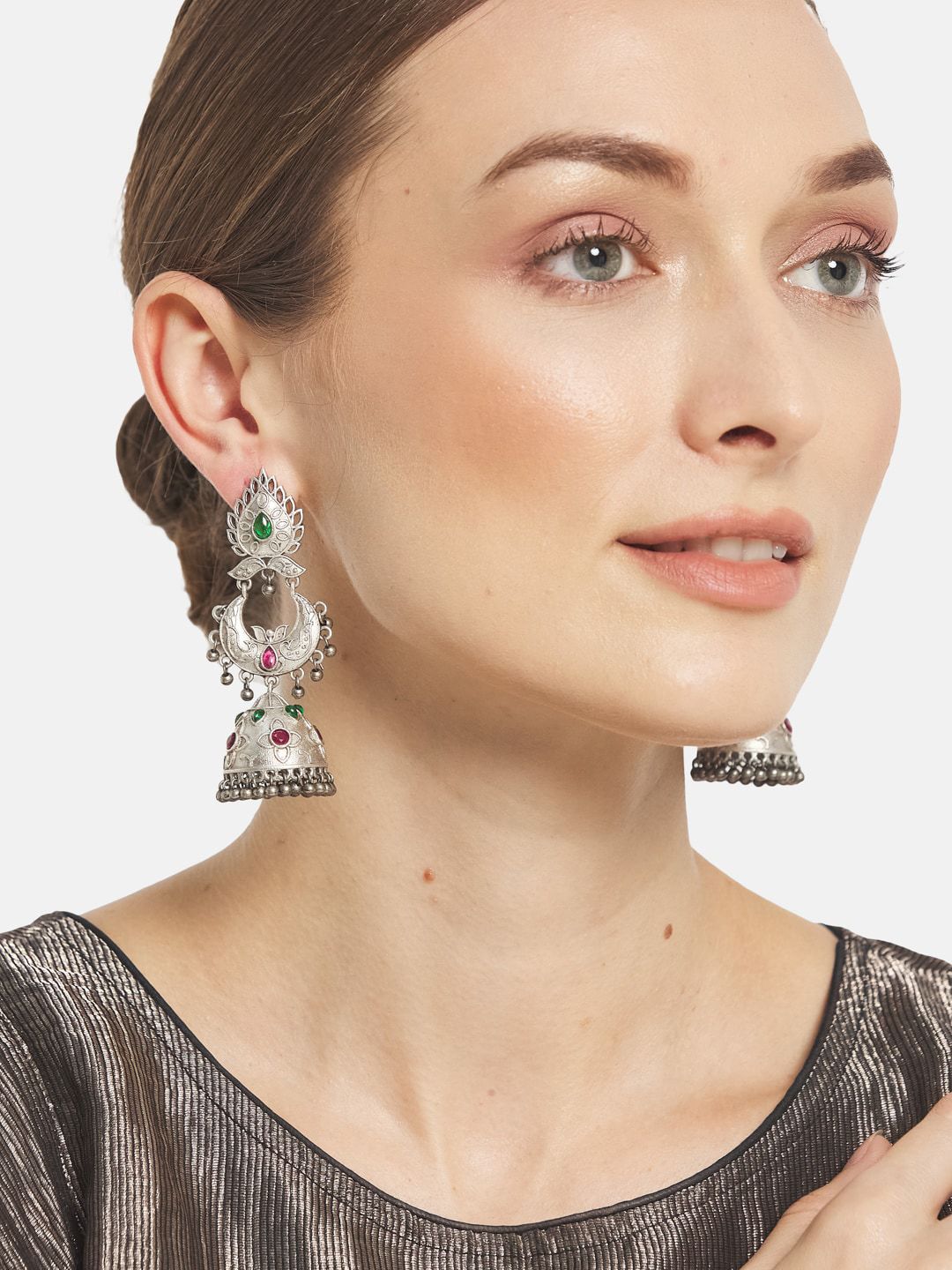 ATIBELLE Silver-Toned Contemporary Jhumkas Earrings