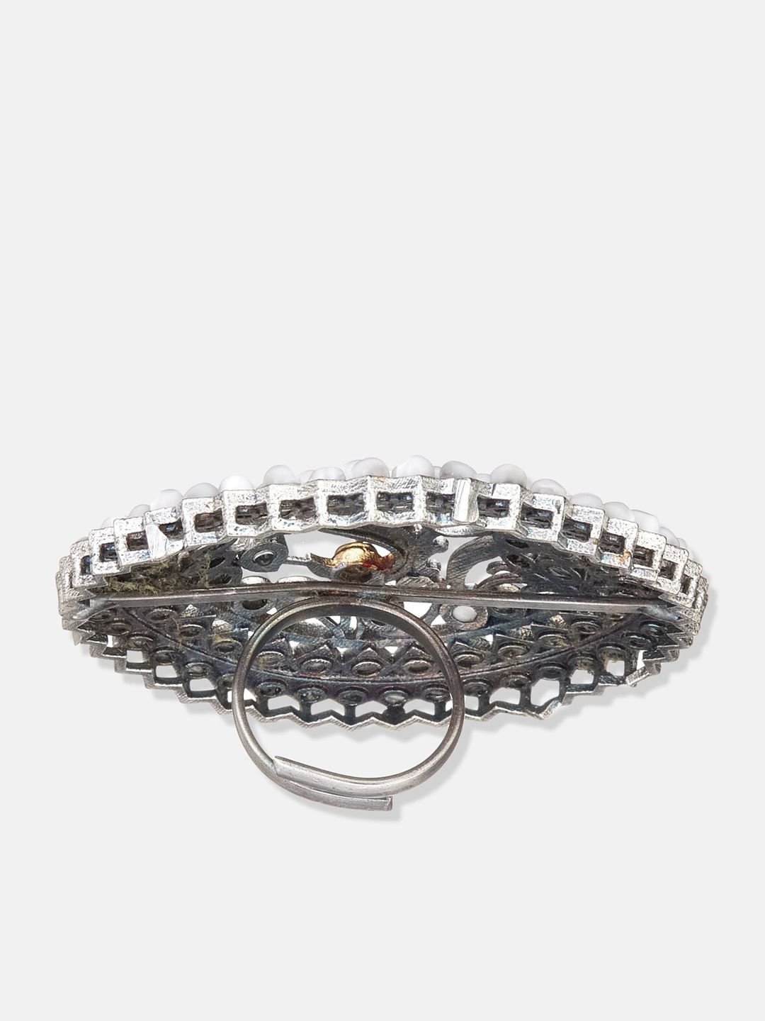 ATIBELLE Oxidised Silver-Plated  Stone-Studded Peacock Inspired Adjustable Statement Finger Ring