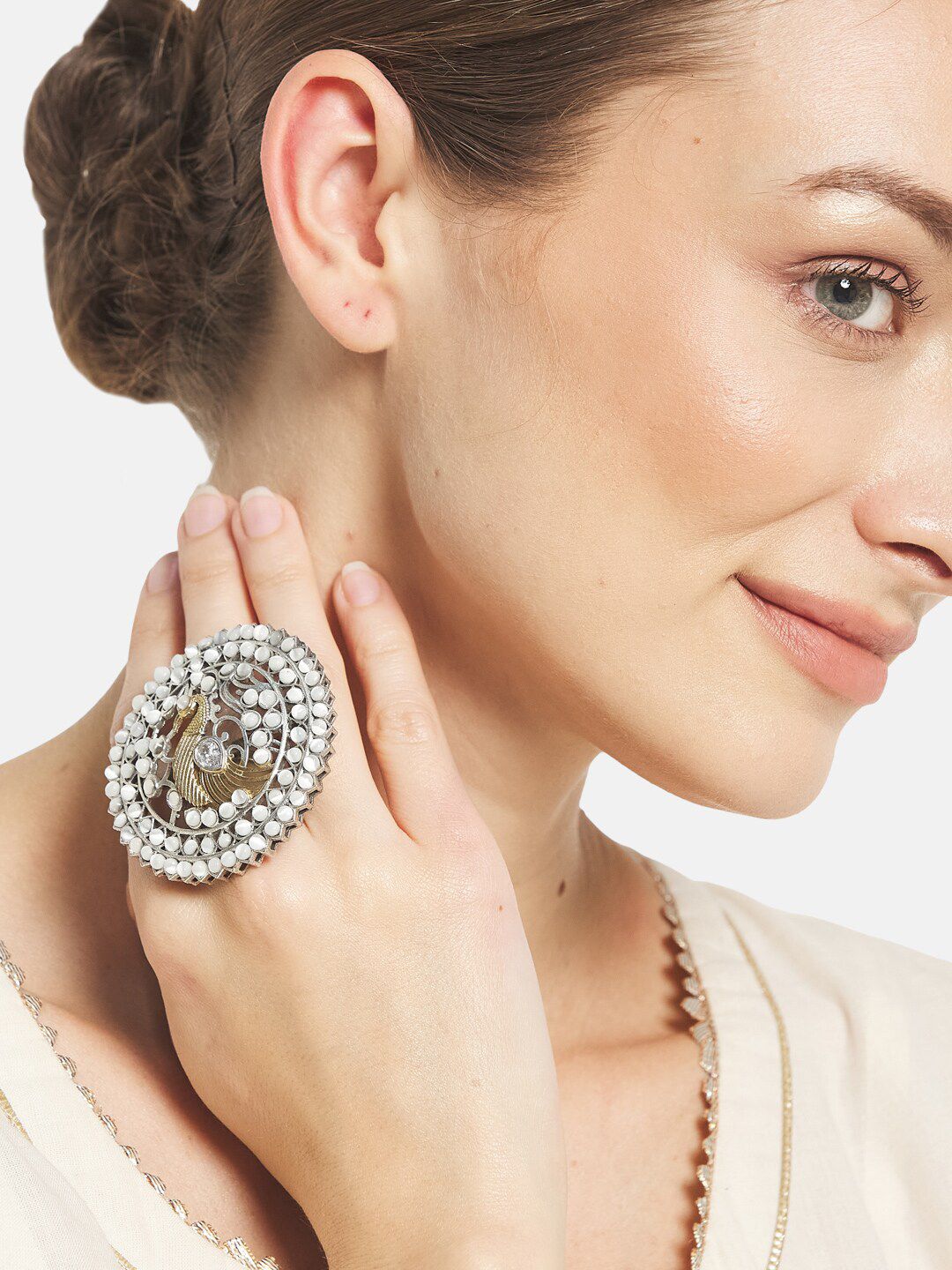 ATIBELLE Oxidised Silver-Plated  Stone-Studded Peacock Inspired Adjustable Statement Finger Ring