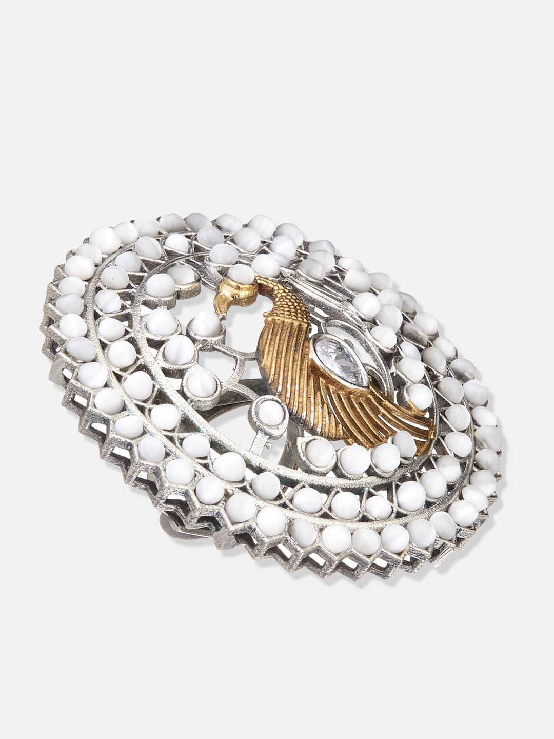 ATIBELLE Oxidised Silver-Plated  Stone-Studded Peacock Inspired Adjustable Statement Finger Ring