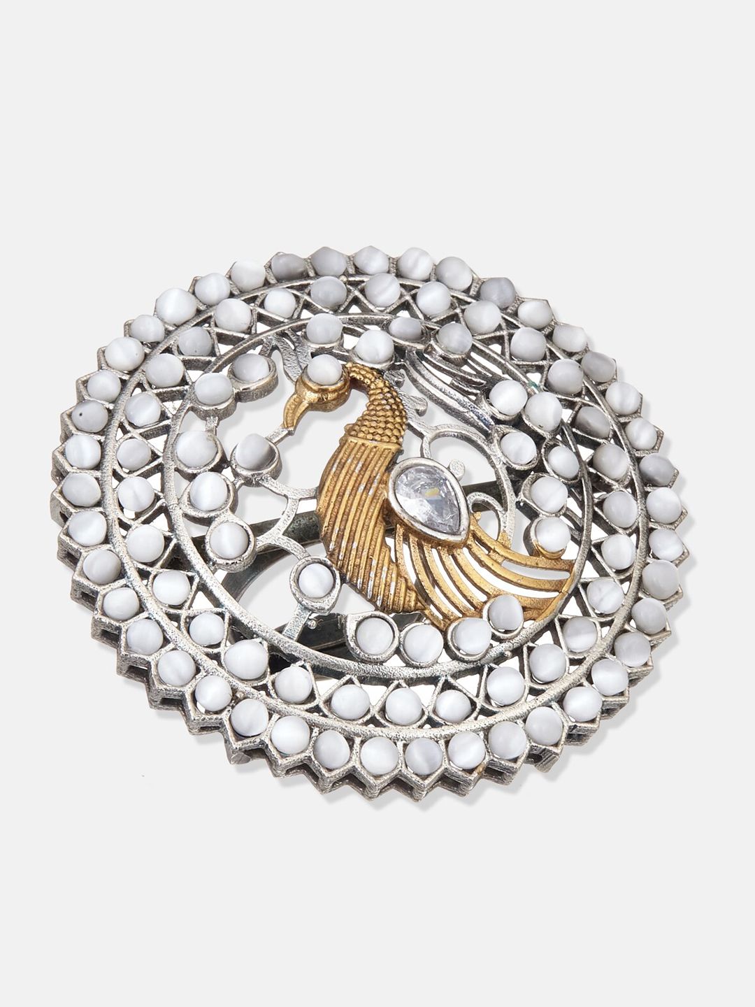 ATIBELLE Oxidised Silver-Plated  Stone-Studded Peacock Inspired Adjustable Statement Finger Ring