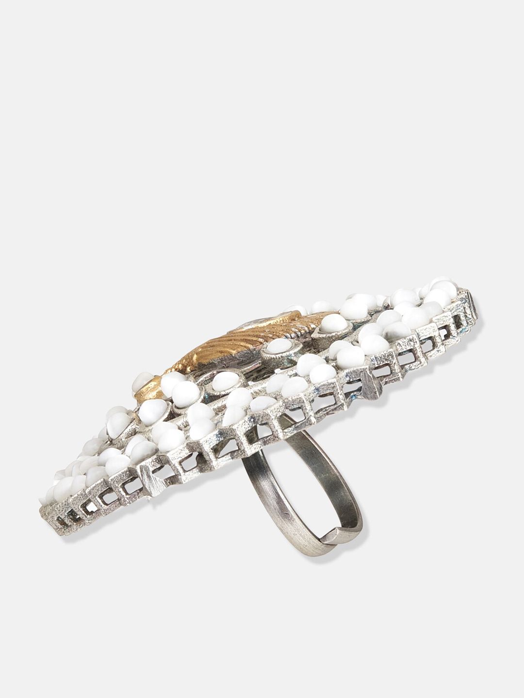 ATIBELLE Oxidised Silver-Plated  Stone-Studded Peacock Inspired Adjustable Statement Finger Ring