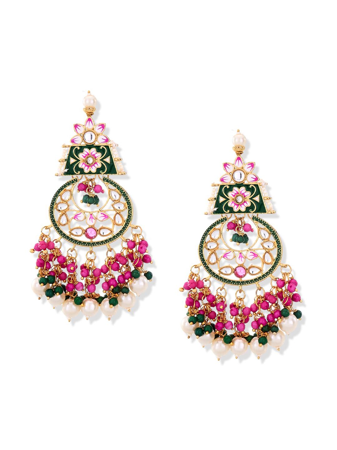 ATIBELLE Magenta Gold-Plated Kundan studded Meenakari Chandbali Chandbalis Earrings
