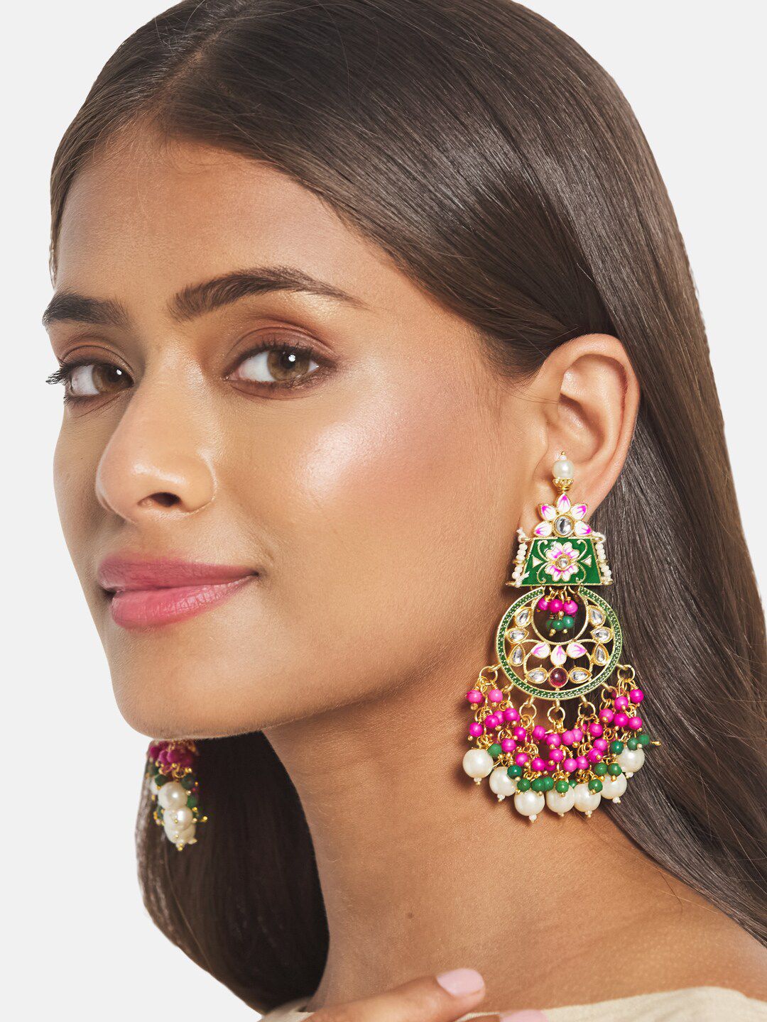 ATIBELLE Magenta Gold-Plated Kundan studded Meenakari Chandbali Chandbalis Earrings