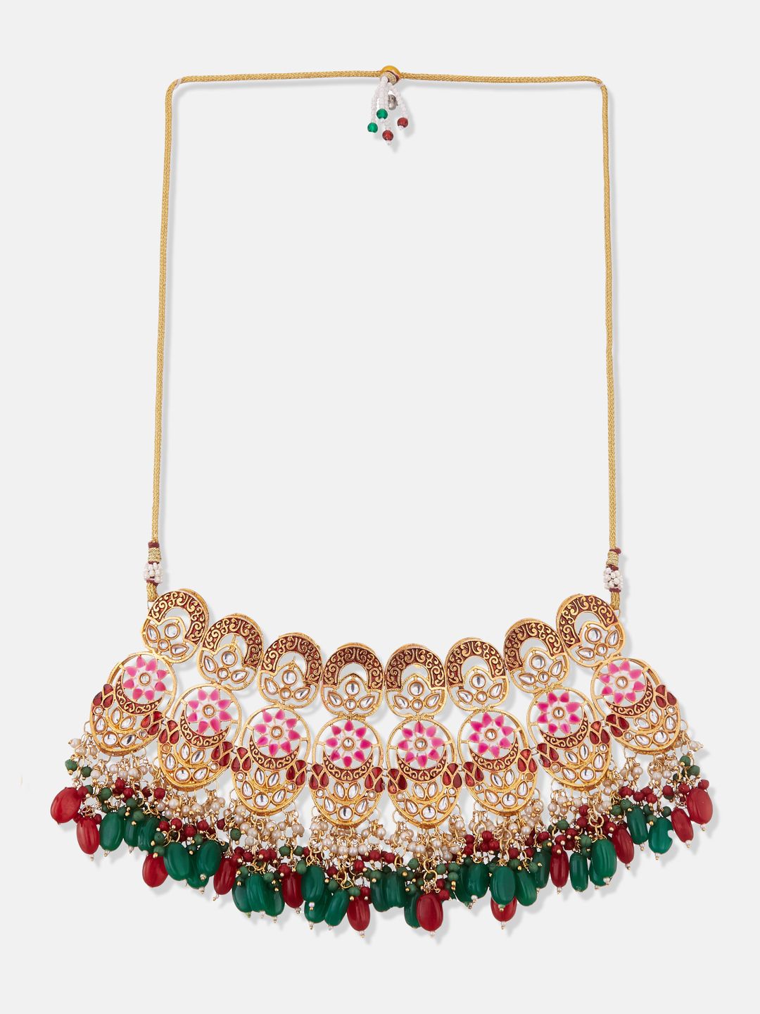 ATIBELLE Copper-Plated Maroon & Green Kundan-Studded Meenakari Jewellery Set