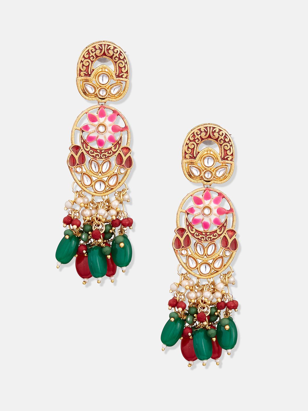 ATIBELLE Copper-Plated Maroon & Green Kundan-Studded Meenakari Jewellery Set