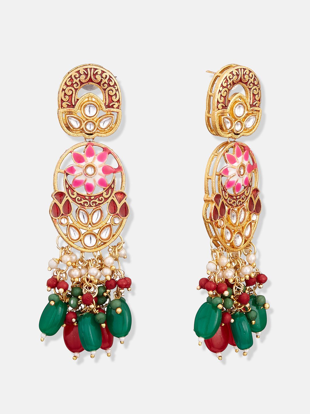 ATIBELLE Copper-Plated Maroon & Green Kundan-Studded Meenakari Jewellery Set
