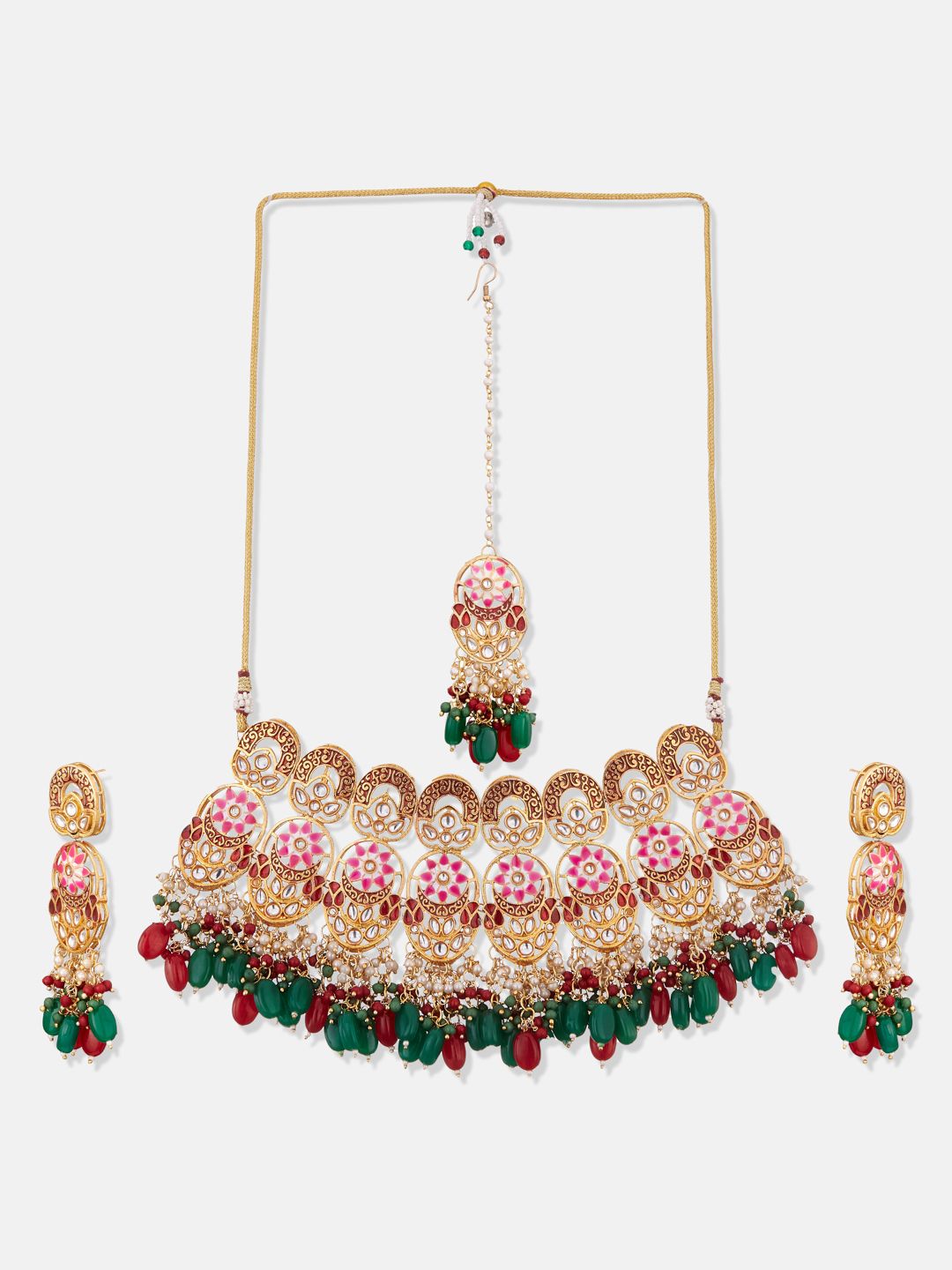 ATIBELLE Copper-Plated Maroon & Green Kundan-Studded Meenakari Jewellery Set