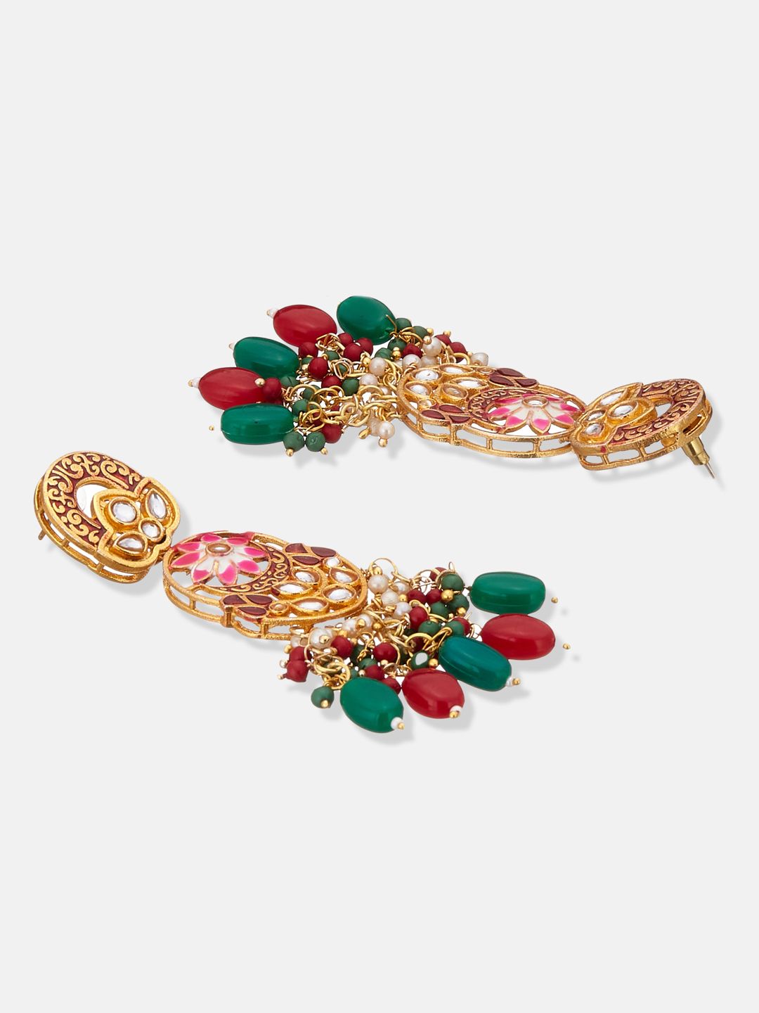 ATIBELLE Copper-Plated Maroon & Green Kundan-Studded Meenakari Jewellery Set
