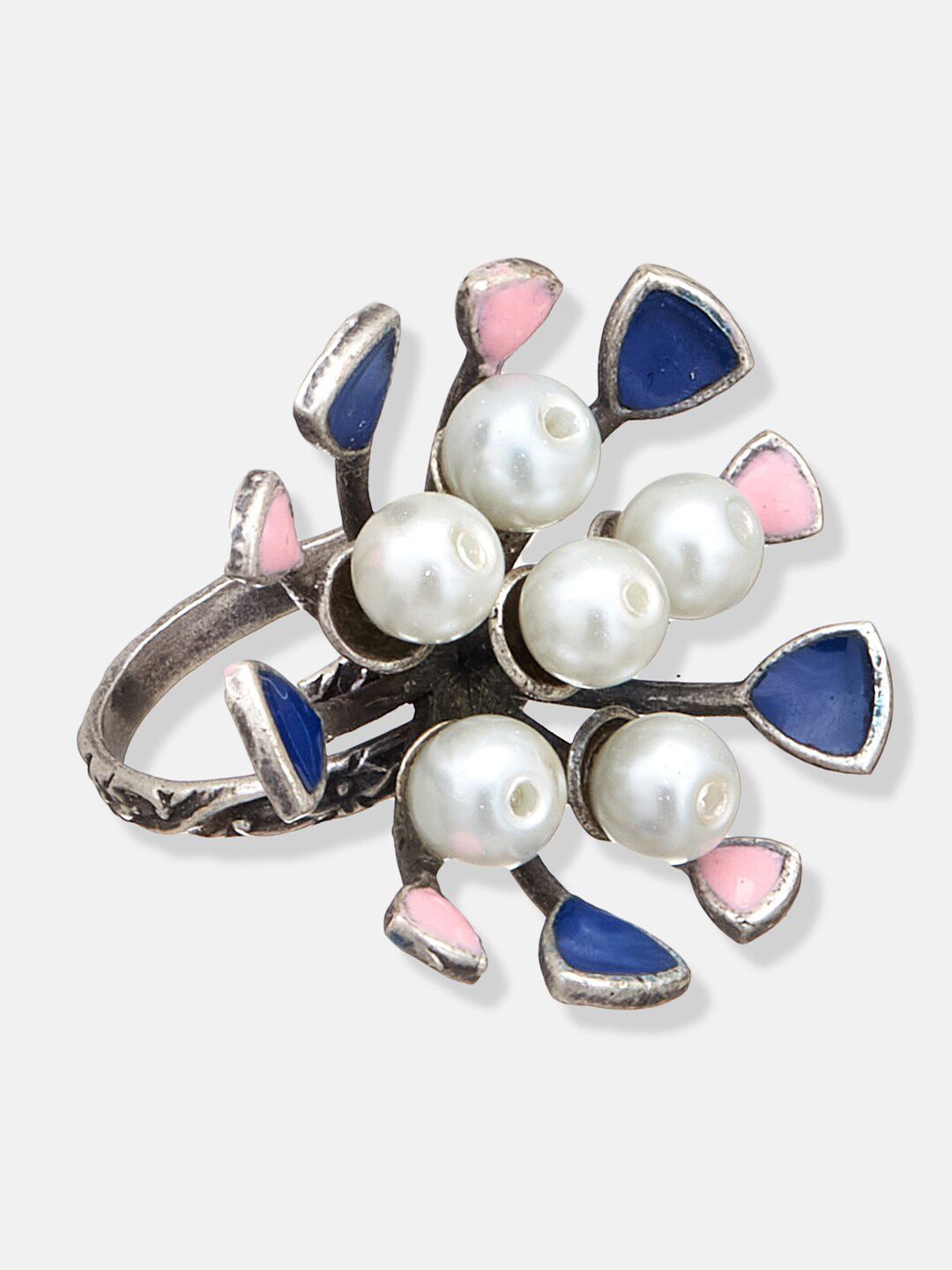 ATIBELLE Silver-Plated Blue & White Pearl Studded Adjustable Finger Ring