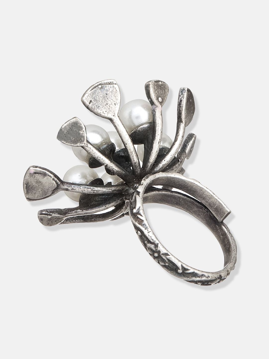 ATIBELLE Silver-Plated Blue & White Pearl Studded Adjustable Finger Ring