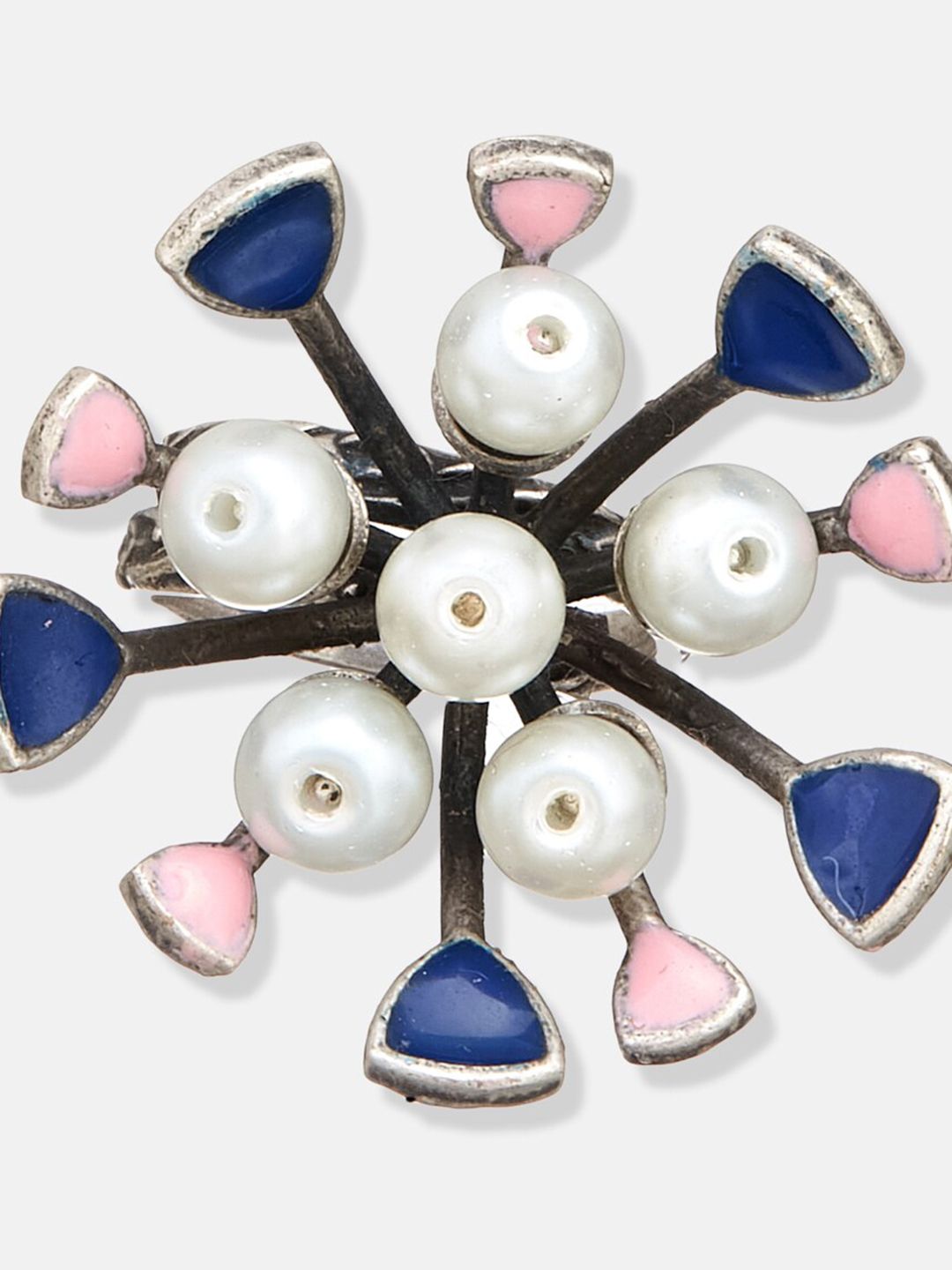 ATIBELLE Silver-Plated Blue & White Pearl Studded Adjustable Finger Ring