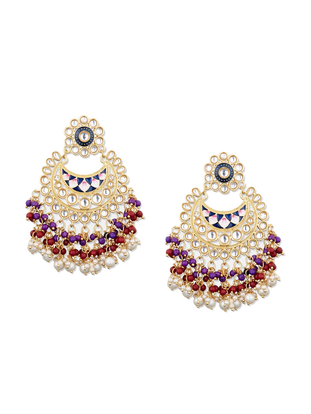ATIBELLE Gold-Toned Contemporary Kundan studded Meenakari Chandbalis Earrings