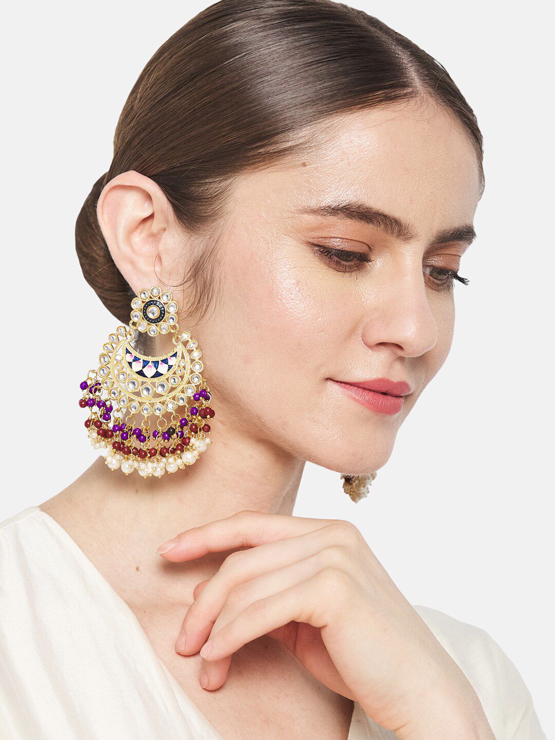 ATIBELLE Gold-Toned Contemporary Kundan studded Meenakari Chandbalis Earrings