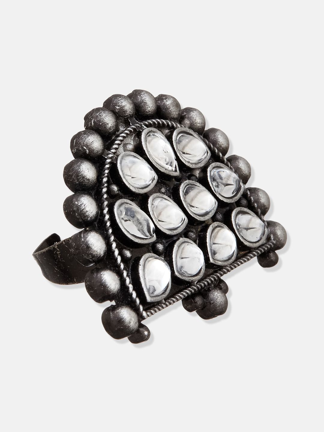 ATIBELLE Oxidised Silver-Plated Stone-Studded Adjustable Finger Ring