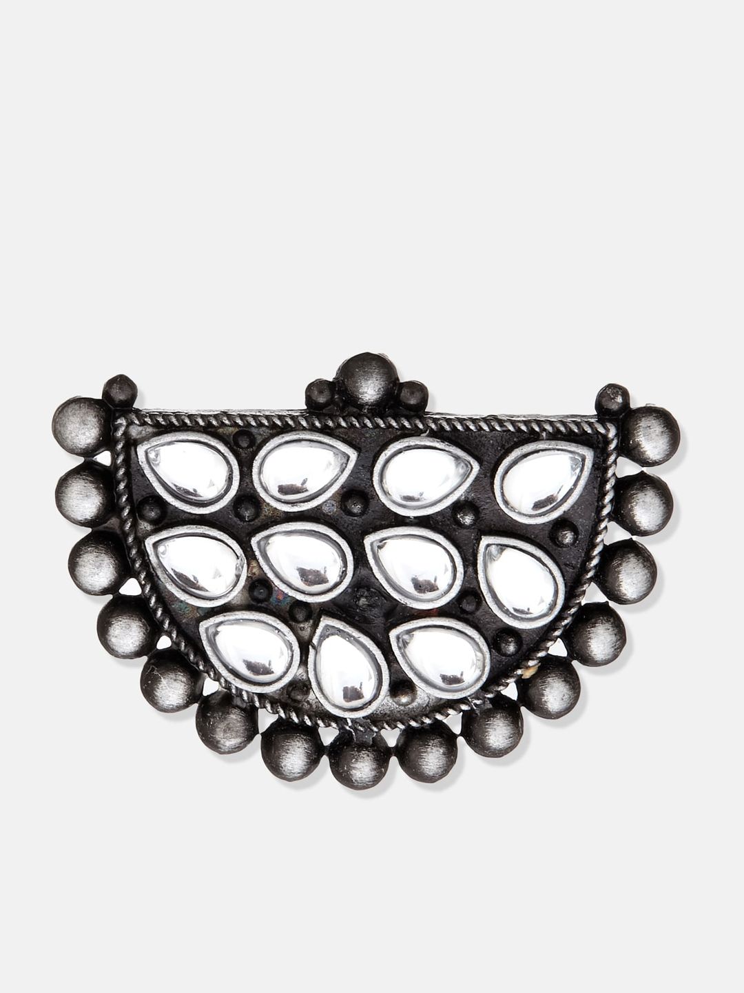 ATIBELLE Oxidised Silver-Plated Stone-Studded Adjustable Finger Ring