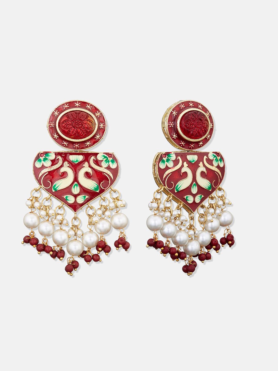 ATIBELLE Red Peacock Inspired Meenakari Chandbalis Earrings with Beads Drop